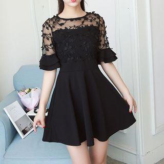 Mesh Panel Elbow Sleeve Dress