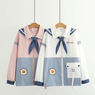 Sailor Collar Embroidered Two-tone Jacket