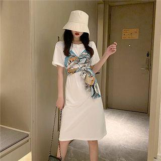 Scarf Panel Plain Lace-up Short-sleeve Dress