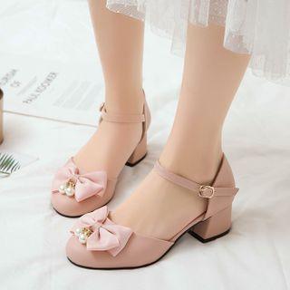 Bow Ankle Strap Faux Leather Block Heel Pumps