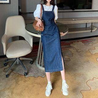 Puff-sleeve Blouse / Midi Denim Jumper Dress
