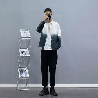 Long-sleeve Gradient Shirt Jacket / Short-sleeve Lettering T-shirt / Plain Slim-fit Pants