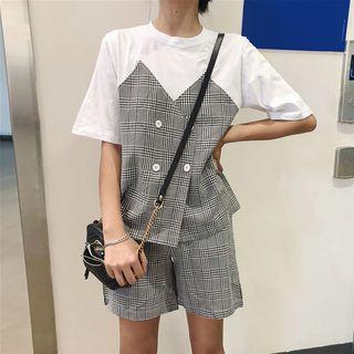 Set: Short-sleeve Panel Plaid T-shirt + Shorts Set - Gray & White - One Size