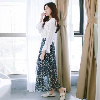 Set: Bell-sleeve Blouse + Floral Print Skirt