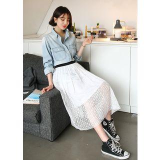 Plus Size - Band-waist Long Lace Skirt