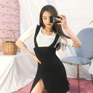 Slit-detail High-waist Suspender Dress