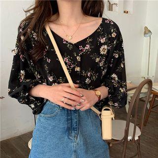 3/4-sleeve Floral Chiffon Shirt As Shown In Figure - One Size