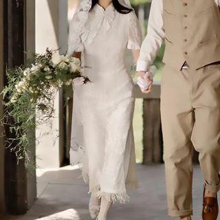 Puff-sleeve Tassel Trim A-line Wedding Dress