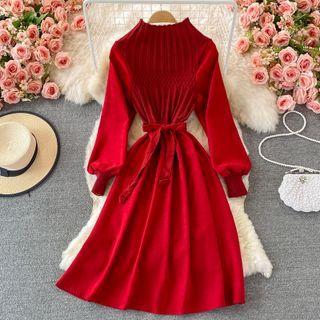 Stand Collar Knit Panel Corduroy Dress