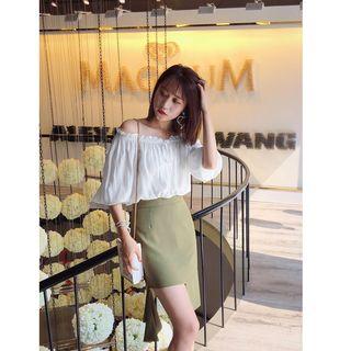 Set: Plain Off Shoulder Elbow Sleeve Blouse + Asymmetric Hem A-line Skirt