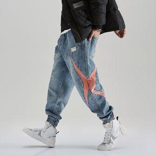 Drawstring Color Block Washed Jeans