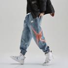 Drawstring Color Block Washed Jeans