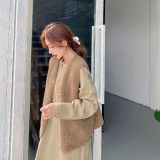 Set: V-neck Plain Dress + Fleece Vest