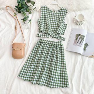 Set: Cropped Plaid Tank Top + High Waist A-line Skirt