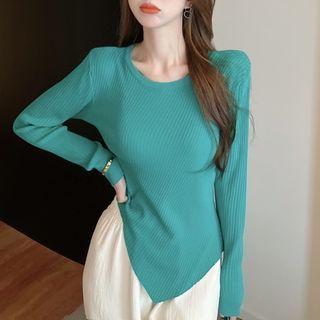 Round-neck Asymmetrical Hem Ribbed Top / High Waist Wide Leg Pants