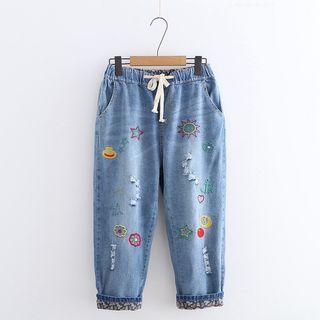 Embroidered Distressed Cropped Baggy Jeans Blue - One Size
