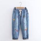 Embroidered Distressed Cropped Baggy Jeans Blue - One Size
