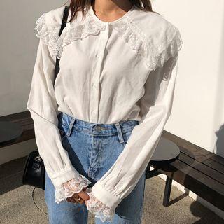 Lace-trim Bertha-collar Cotton Blouse
