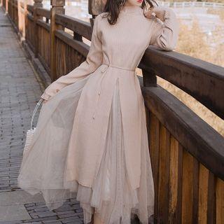 Set: Slit Knit Top + Midi A-line Mesh Skirt
