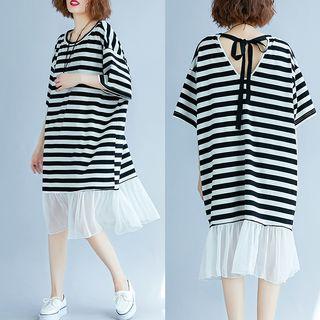 Ruffle Hem Striped Short-sleeve Midi T-shirt Dress