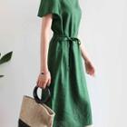 Linen Blend Squared-neck Long Dress With Sash