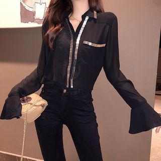 Color-block Bell-sleeve Shirt As Figure - One Size