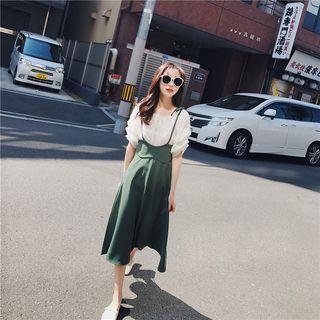 Set: Lettering Short-sleeve T-shirt + Suspender Midi Skirt