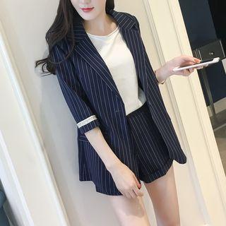 Set: Elbow-sleeve Pinstriped Blazer+ Shorts