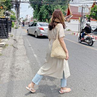 Open-placket Striped Midi Shirtdress With Sash