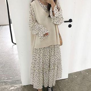 Long-sleeve Polka Dot Midi Tiered Dress / V-neck Knit Vest