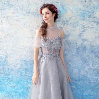 Cutout-shoulder Applique Evening Gown
