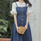 Bell-sleeve Blouse / Denim Midi A-line Overall Dress