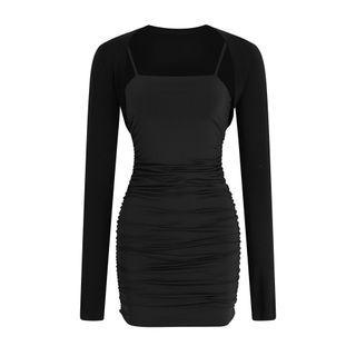 Set: Spaghetti Strap Shirred Sheath Dress + Crop Jacket