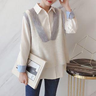 Set: Two-tone V-neck Knit Vest+ Plain Shirt