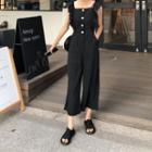 Ruffled Sleeveless Buttoned Jumpsuit Black - One Size