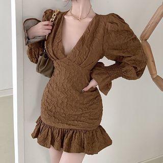 Long-sleeve V-neck Ruffle Hem Mini Bodycon Dress
