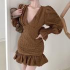 Long-sleeve V-neck Ruffle Hem Mini Bodycon Dress
