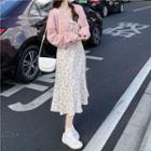 Cropped Tie-front Cardigan / Floral Print Midi A-line Dress / Set