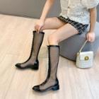 Mesh Panel Lace-up Chunky Heel Tall Boots