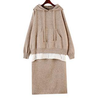 Set: Hooded Sweater + Back Slit Knit Skirt