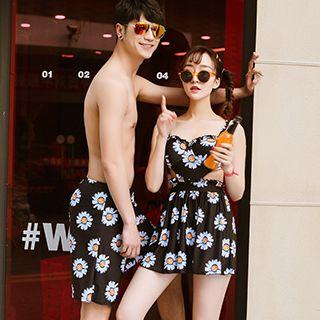 Couple Matching Floral Print Cutout Swimdress / Swim Shorts