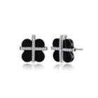Sterling Silver Fashion Elegant Four-leafed Clover Black Ceramic Stud Earrings With Cubic Zircon Silver - One Size