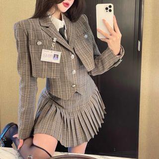 Shirt With Necktie / Plaid Blazer / Vest / Mini A-line Skirt