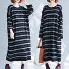 Striped Long-sleeve Midi T-shirt Dress Stripe - Black & Gray - One Size