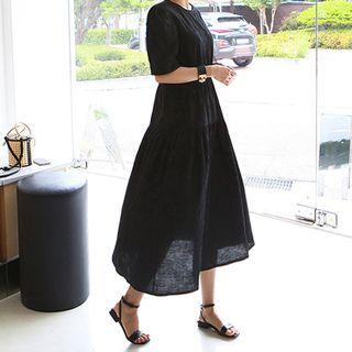 Drawstring-wiast Shirred-panel Long Dress