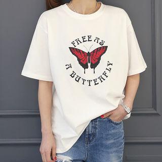 Round-neck Butterfly Print Boxy-fit T-shirt