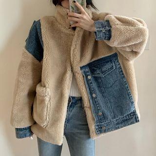 Denim Panel Fleece Open Front Jacket