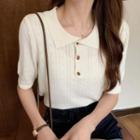Short-sleeve Polo Collar Knit Top Off-white - One Size