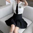 Short-sleeve Top / Pleated Mini A-line Skirt / Neck Tie / Set
