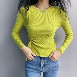 Crewneck Striped Pleated Knit Long-sleeve Top Green - One Size